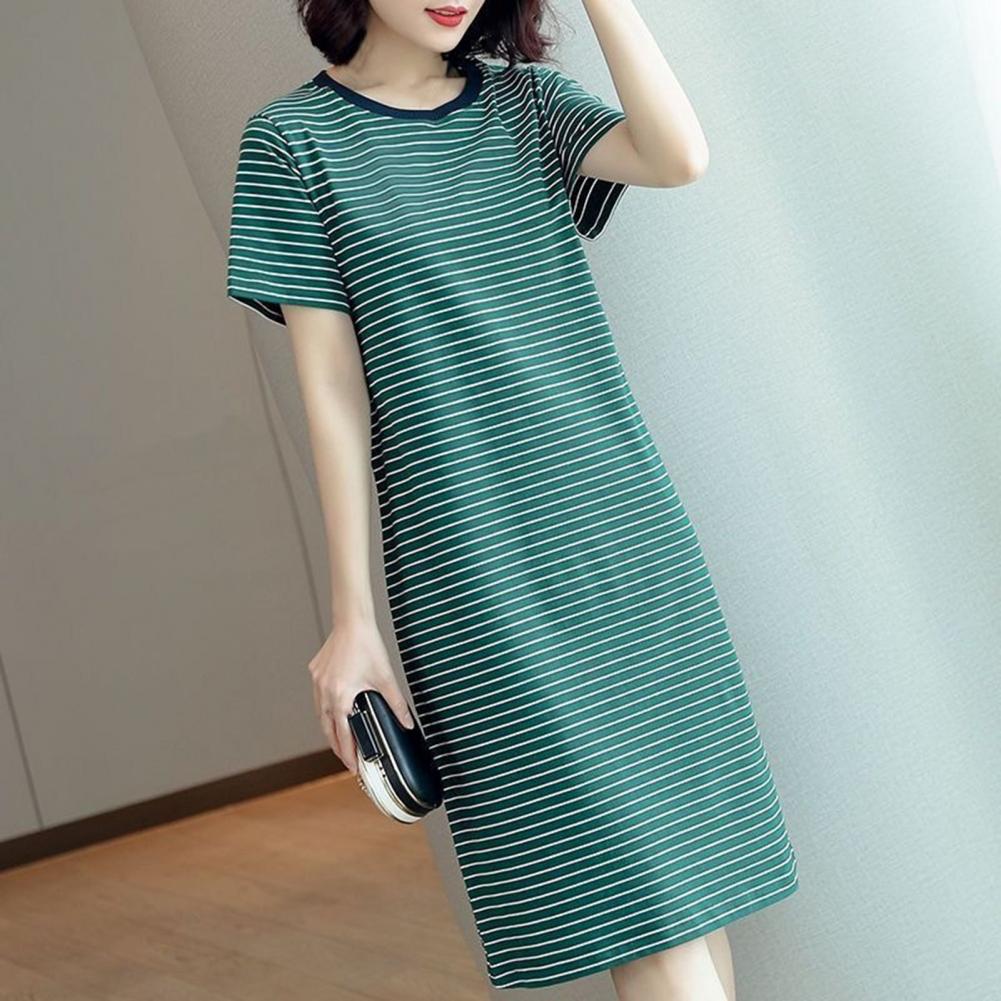 Women Casual Striped Middle Dress Short Sleeve Loose Round Neck Summer Lightweight Comfortable Office Beach Party Dress