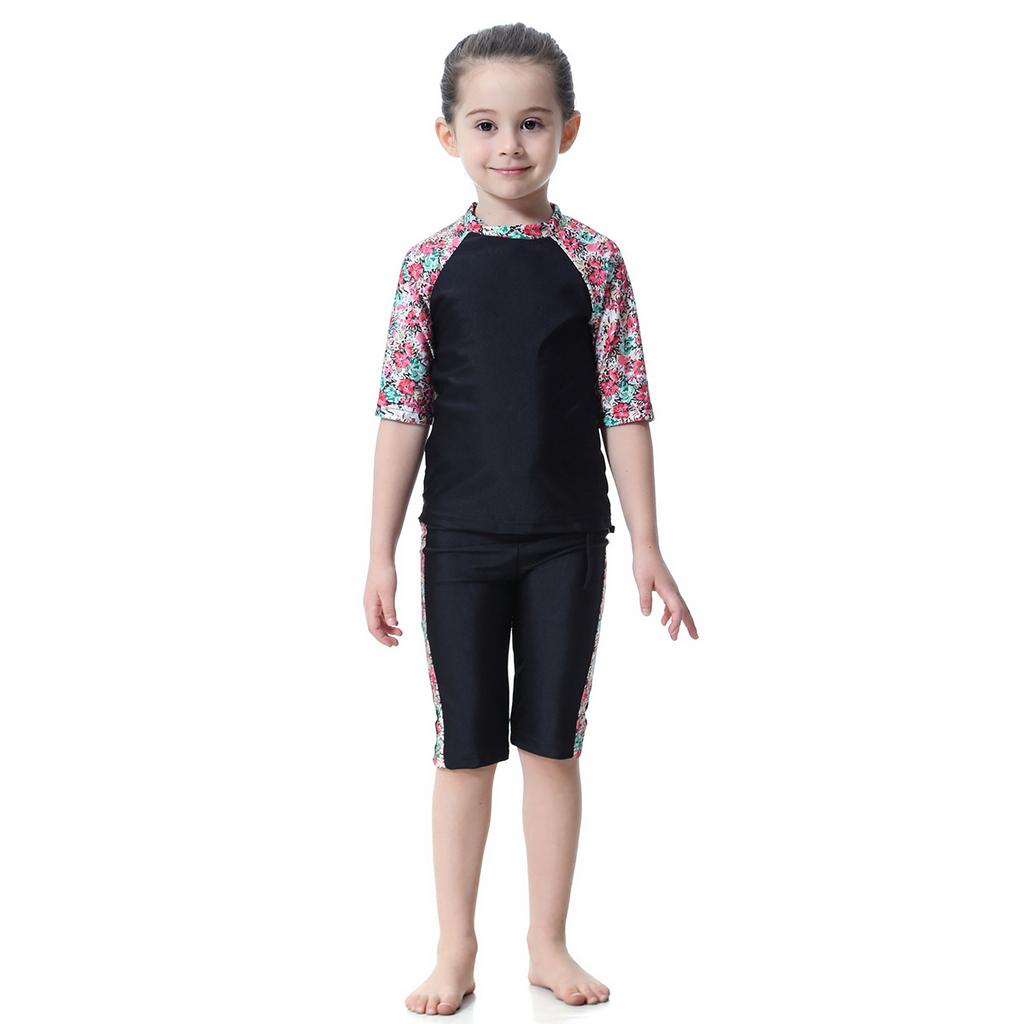 Three-Piece Swimsuit Girls Short Sleeve Print Floral Swimming Suit for Kids Swimwear Baby Children Swimming Bathing Suit with Cap