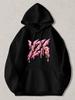 Černá mikina s kapucí a potiskem textu ve stylu graffiti kapající růžovou a zlatou barvou, Unisex Streetwear mikina s klokaní kapsou pro Cas