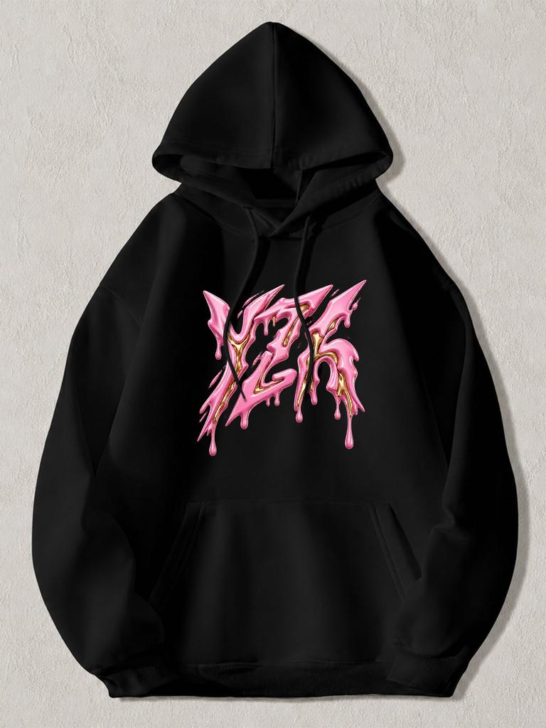 Černá mikina s kapucí a potiskem textu ve stylu graffiti kapající růžovou a zlatou barvou, Unisex Streetwear mikina s klokaní kapsou pro Cas