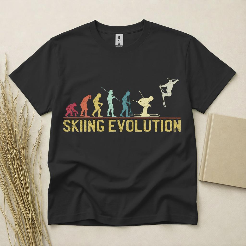 Skiing Evolution T Shirt Funny Skier Gift Winter Sports Tee Gildan Cotton Top