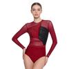Women Shiny Rhinestones Patchwork Sheer Long Sleeve Color Block Gymnastics Leotard Bodysuit