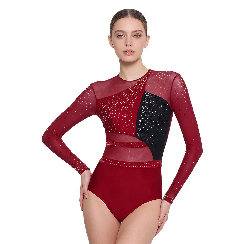 Women Shiny Rhinestones Patchwork Sheer Long Sleeve Color Block Gymnastics Leotard Bodysuit