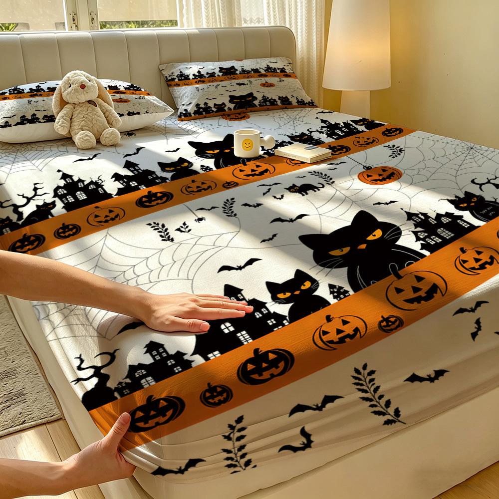 Halloween Spider Web Black Cat Pumpkin Fitted Sheet 3PCS Set Spooky Bedding Set 1 Fitted Sheet + 2 Pillowcases