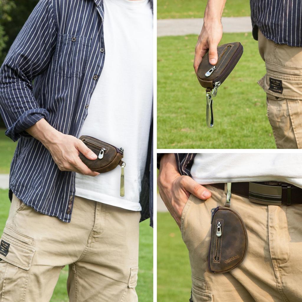 Мужской винтажный кошелек для ключей CONTACT'S из натуральной кожи ручной работы со съемным брелоком для ключей на молнии, держатель для ключей от автомобиля, защита от потери ключей