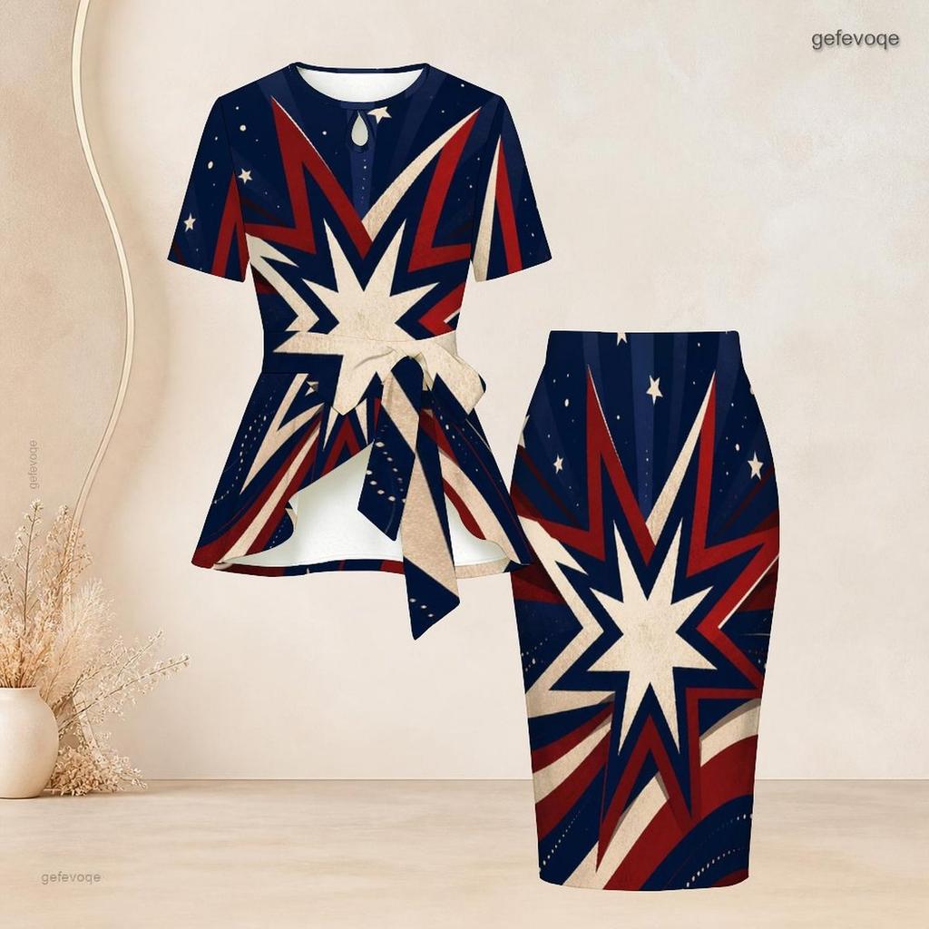 Women Plus Size Star Printed Two Piece Skirt Set Round Neck Short Sleeve Tie Waist Top Fitted Skirt Red Navy Gold