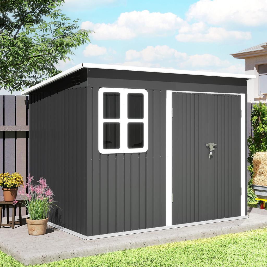 Metal Shed for Storing Garden Tools, with Window, Wide Door, 260 x 177 x 190 cm, Dark Grey
