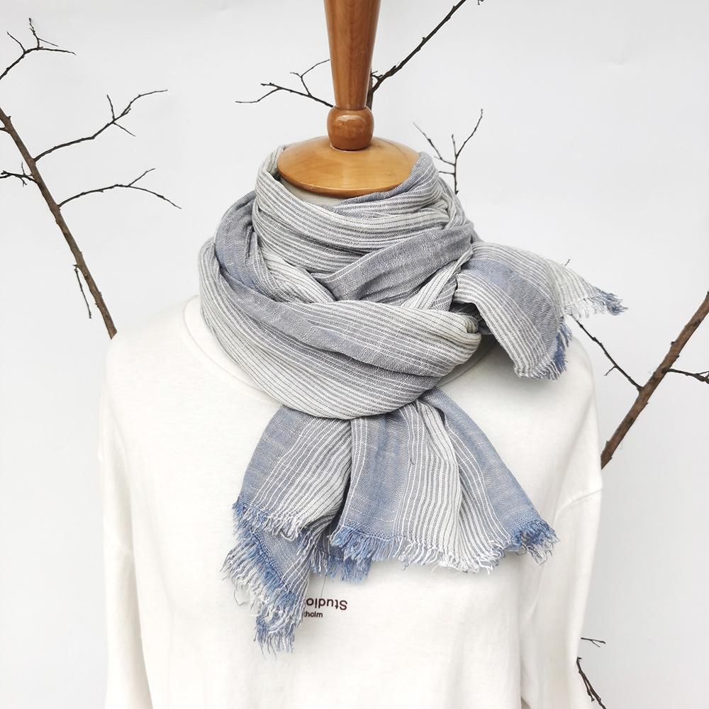 Striped Men's Cotton and Linen Scarf, Literary Style, Personality, Natural Wrinkle, Casual and Good with Fringed Silk Scarf Women