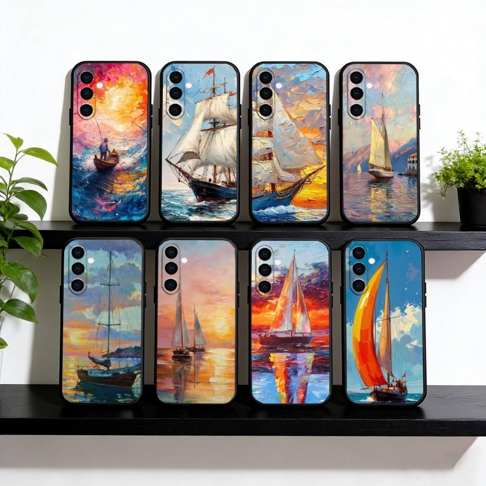 Масляная живопись парусник Чехол для телефона для Samsung Galaxy A73, A72, A71, A70, A53, A52, A51, Мягкий силиконовый черный чехол