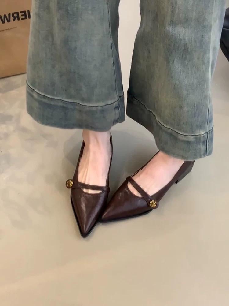 Fashion Sharp Pointed Mid Heeled Mary Jane High Heels, Women's Shallow Shoes, One Button Thick Heels Women Shoes Heels