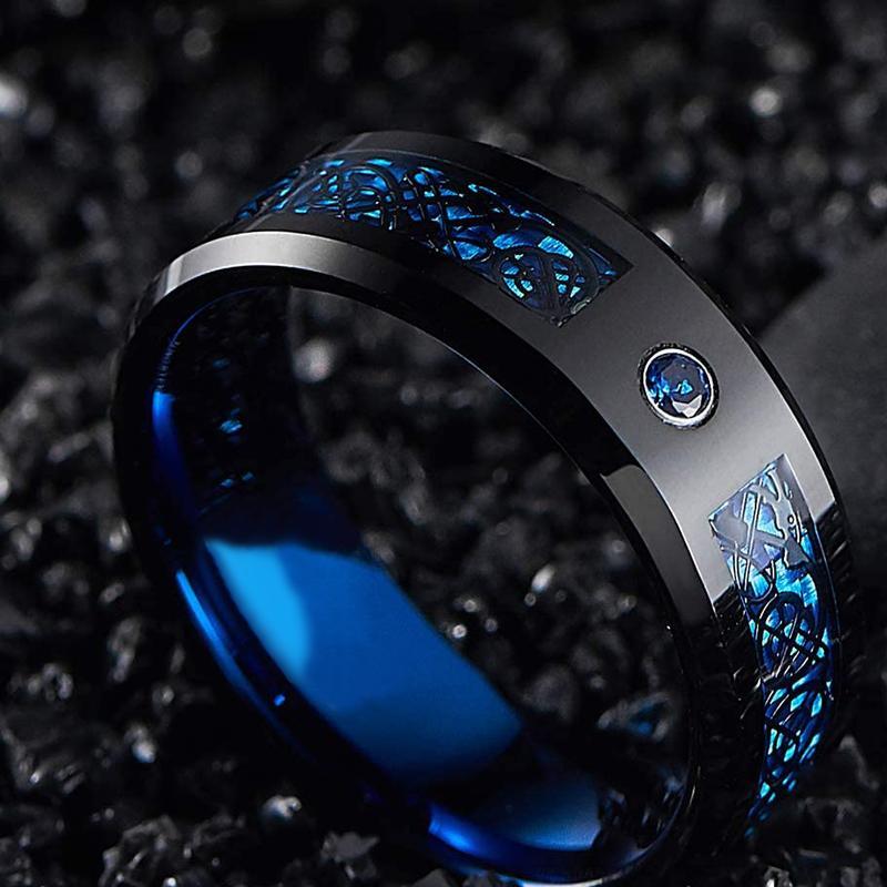 Модное 8 мм мужское кольцо с красной канавкой и скошенным краем из нержавеющей стали, кольцо с кельтским драконом, инкрустация цирконом, красное кольцо из углеродного волокна, мужское обручальное кольцо