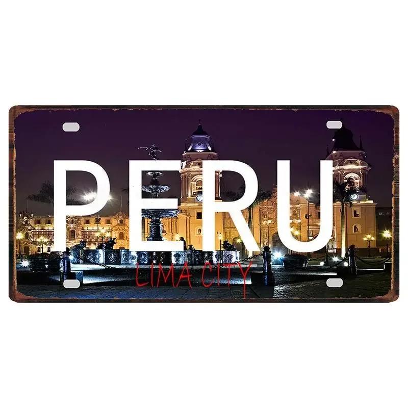 Peru Lima Cusco Car License Pate Retro Rusted  Art Front Vanity Tag Wall Poster Decor for Bar Garage Home Decoration Plaques