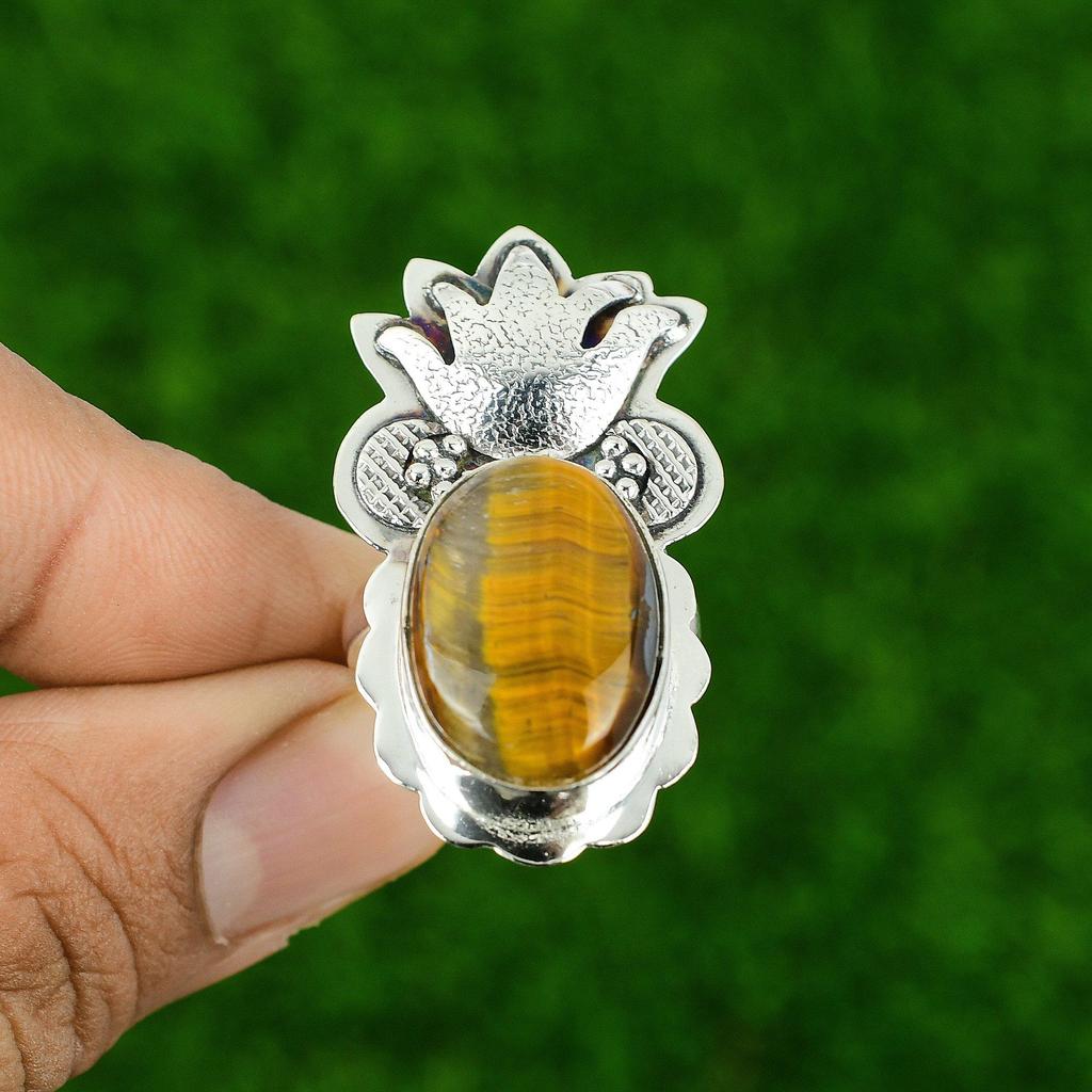 Sterling Silver Sacral Chakra Natural Tiger's Eye Trendy Statement Ring Jewelry