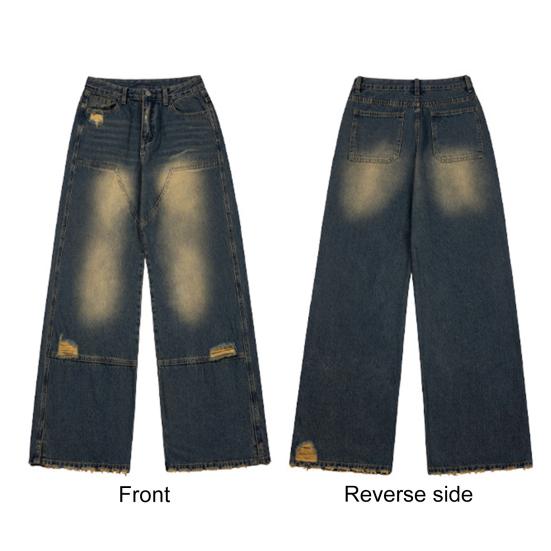 Мужские повседневные джинсы в стиле ретро со средней посадкой и карманами, широкие длинные джинсовые брюки в стиле хип-хоп, рваные джинсы, потертые джинсы