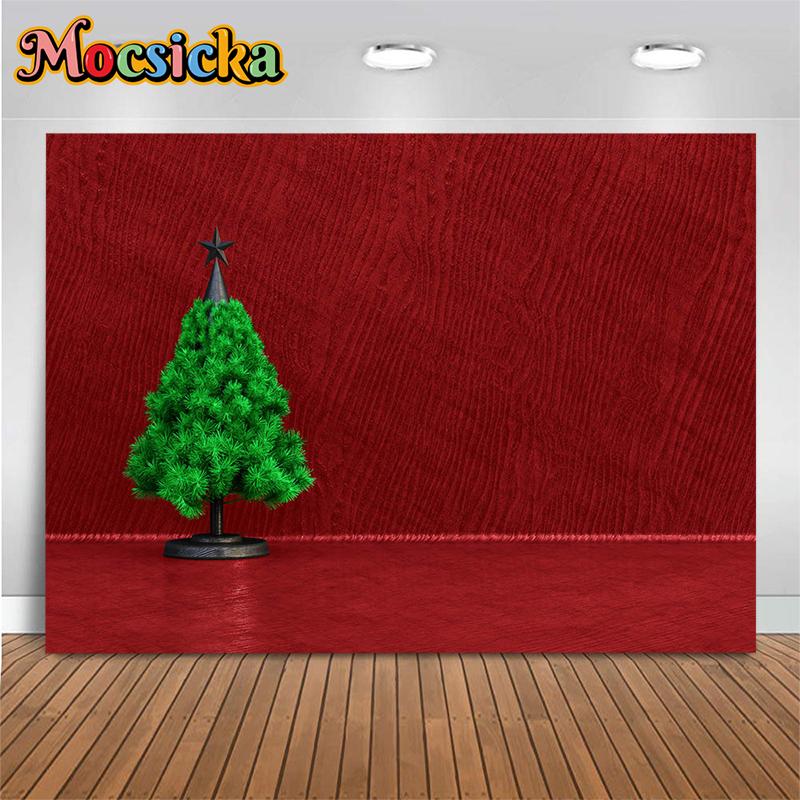 Mocsicka Christmas Photography Background Green Xmas Tree Red Wall Decoration Family Children Adult Photo Backdrop Studio Banner
