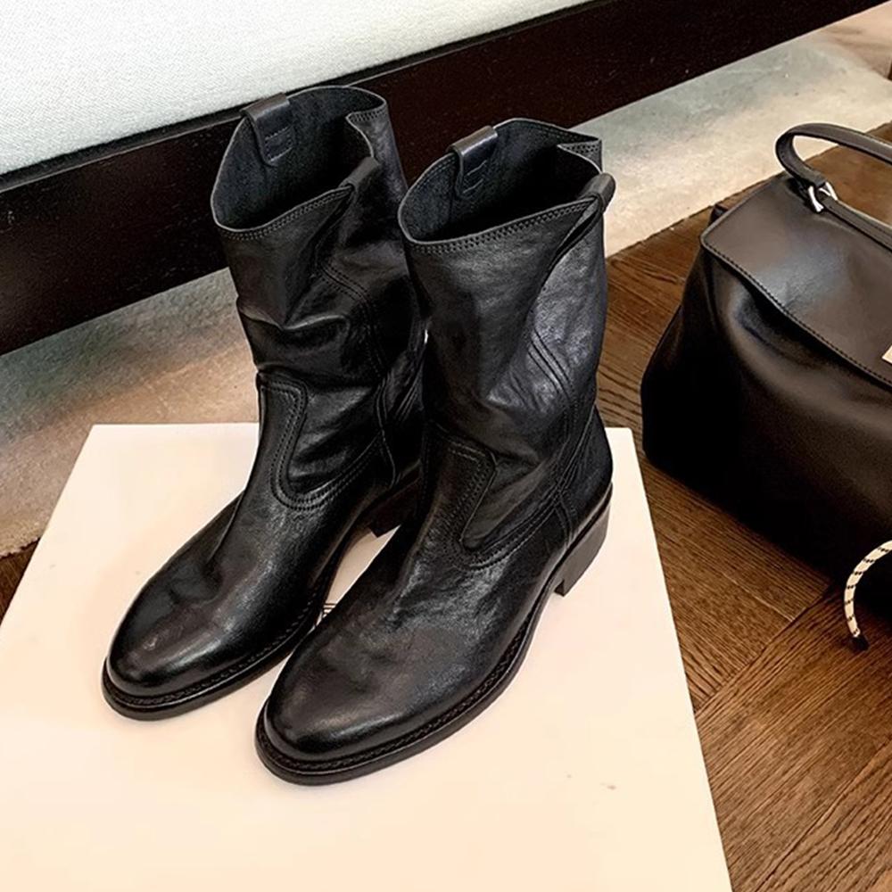 Модные женские ковбойские сапоги до середины икры, западные короткие вышитые сапоги с круглым носком на низком каблуке, слипоны, комфортные, для платья, присборенные ботильоны