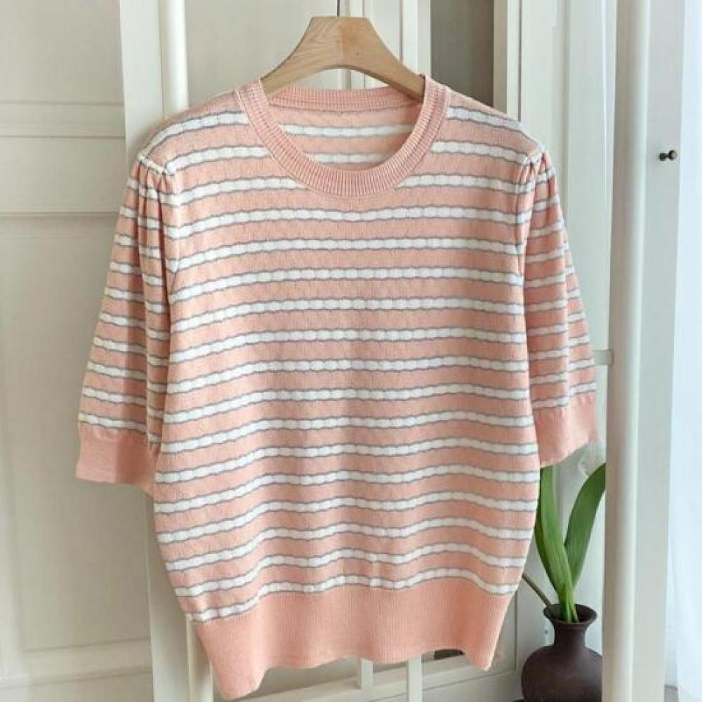 New Arrivals Open Run Stripe Shirring Short Sleeve Knit Blush Women
