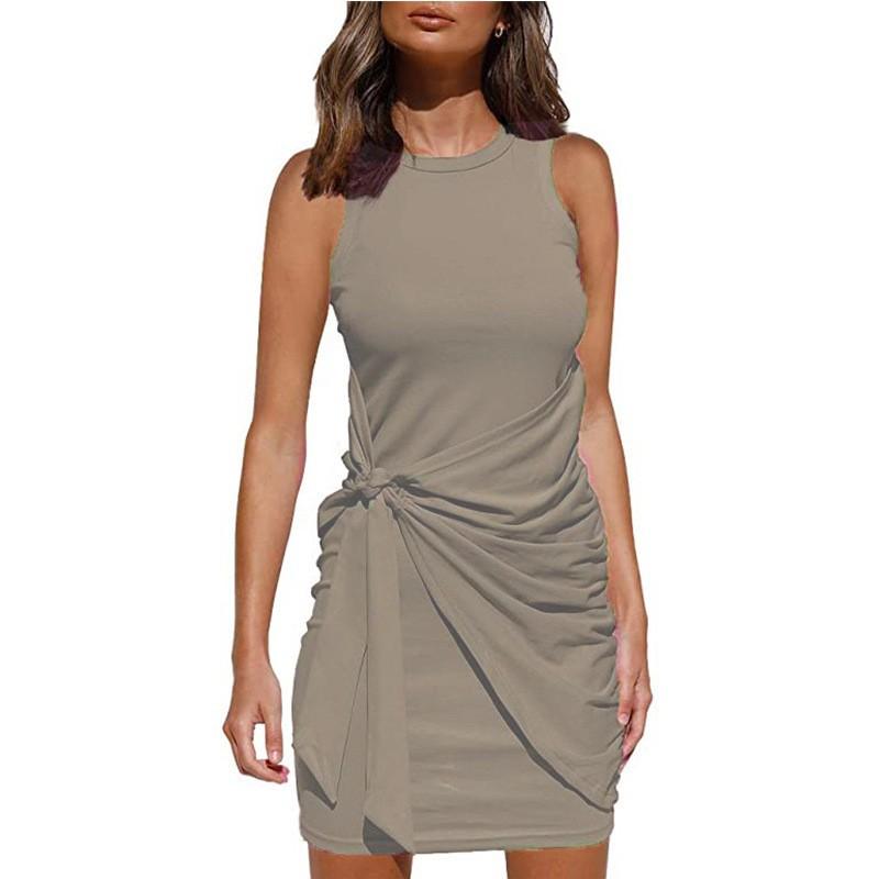 Женская мода однотонные платья без рукавов с круглым вырезом и нерегулярным поясом с запахом на бедрах