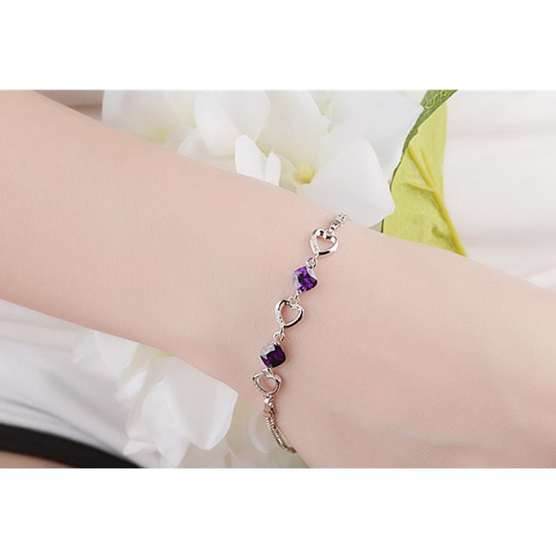 New Fashion 925 Sterling Silver Women Bracelets Jewelry Charm Crystal Purple Heart Female Anklets Bracelets Accessories