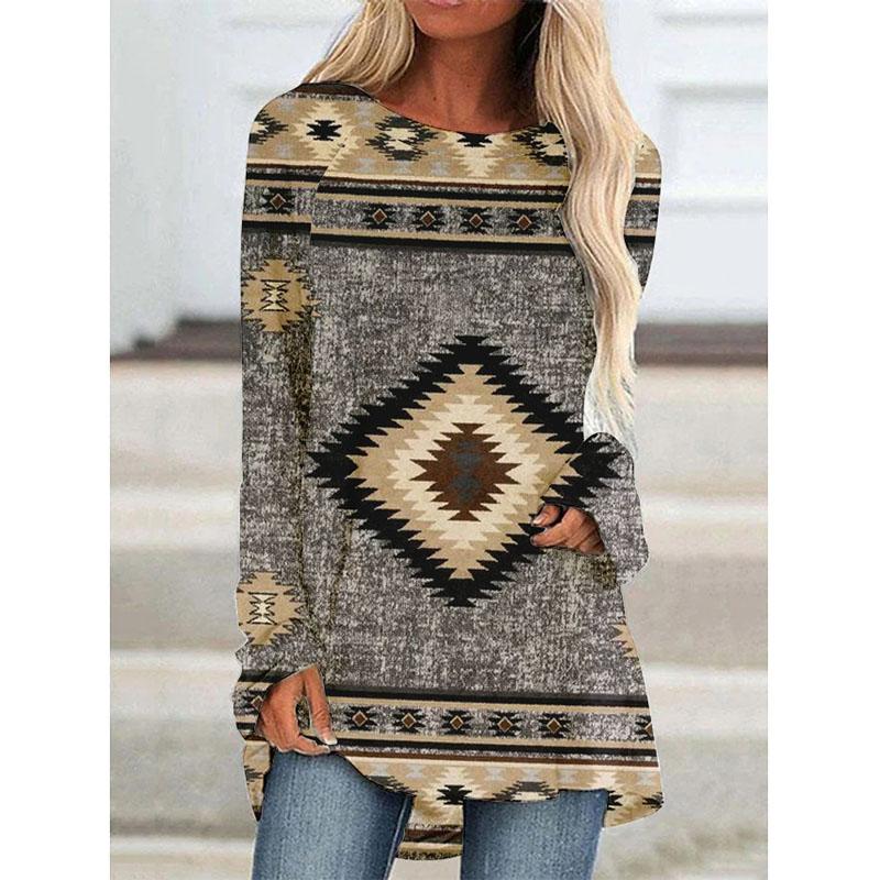 Футболки с длинным рукавом с принтом Western Aztec Ethnic 3D, богемные женские винтажные модные футболки, свободные уличные женские футболки, топы