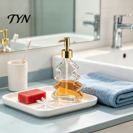 Clear Glass Soap Pump 300ml Christmas Tree Dispenser, Hand Dish Dispenser with Pump, Xmas Theme Home Decor Decorative Empty Bottle for Soap, Kitchen,