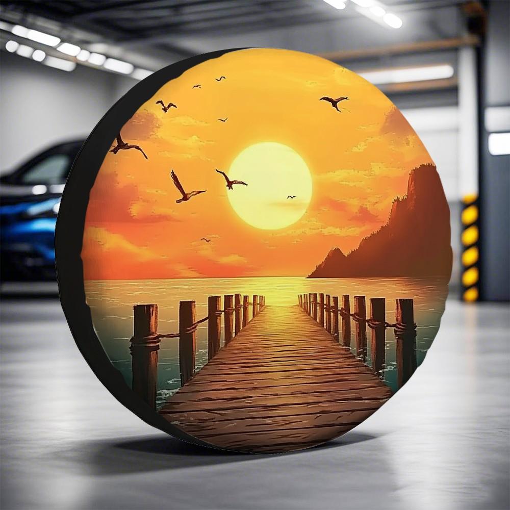 Seaside Sunset Dock Round Tire Cover Durable Polyester Outdoor Storage Bag for Vehicle