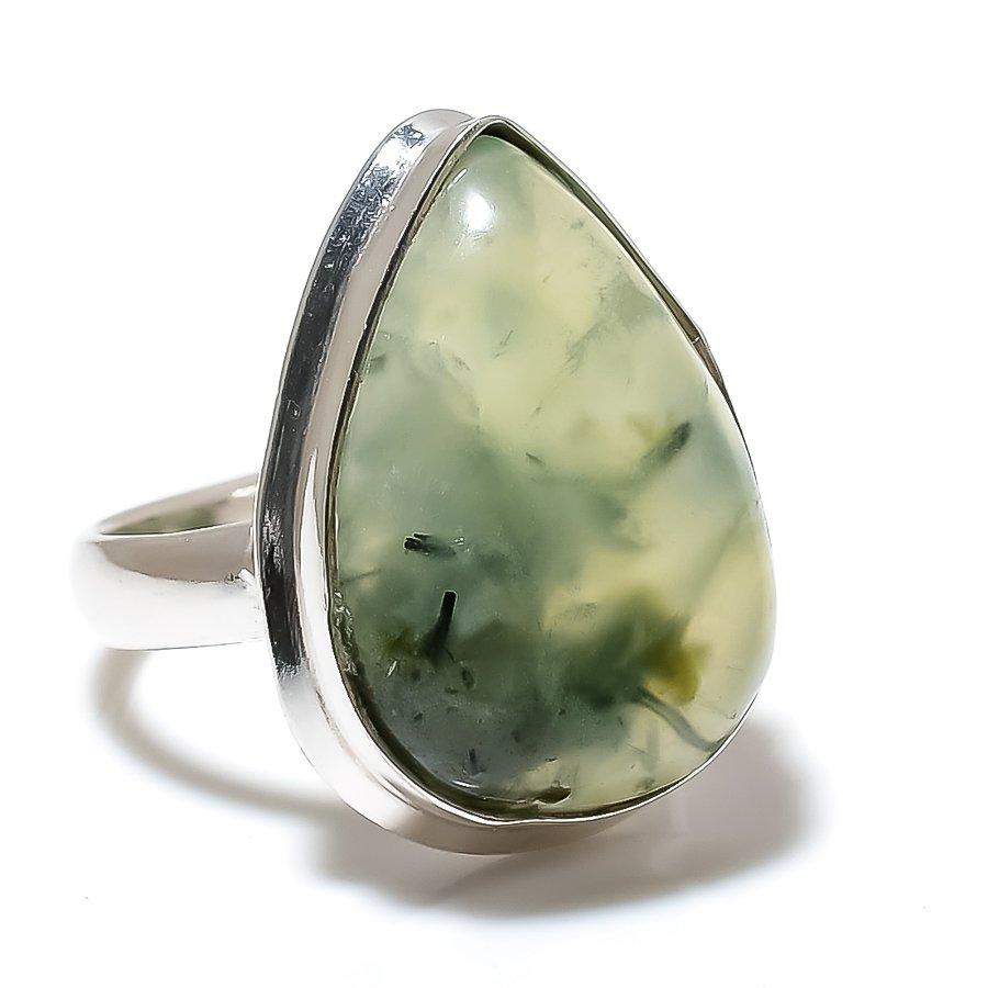 Prehnite Gemstone Handmade 925 Sterling Silver Jewelry Ring Size 7.5 GK-823