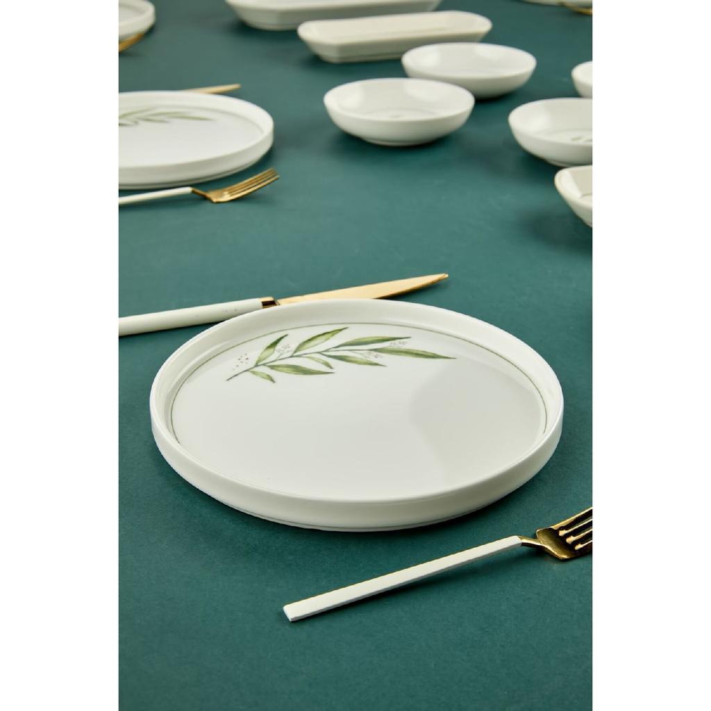 Botanical Green Camellia Leaf Patterned Luxury Ceramic 14 Piece Breakfast Set For 6 Persons