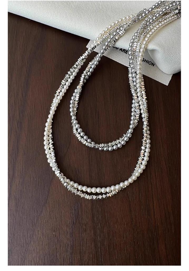 Double Layer Shredded Silver Pearl Necklace - Elegant Women's Clavicle Chain, Versatile Fashion Accessory, French Retro Style