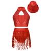 Girls Sleeveless Mock Neck Hollow Front Keyhole Back Sequin Patchwork Crop Top Sequins Tassel Briefs Hat
