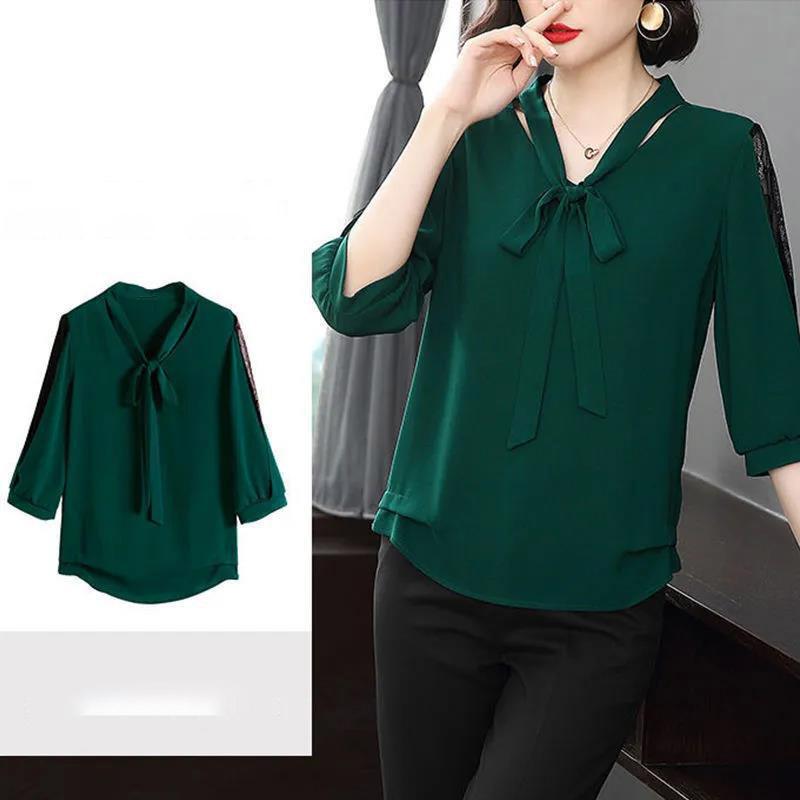 Женская летняя шифоновая рубашка с рукавами три четверти, однотонная блузка с полыми кружевными рукавами и бантом для женщин