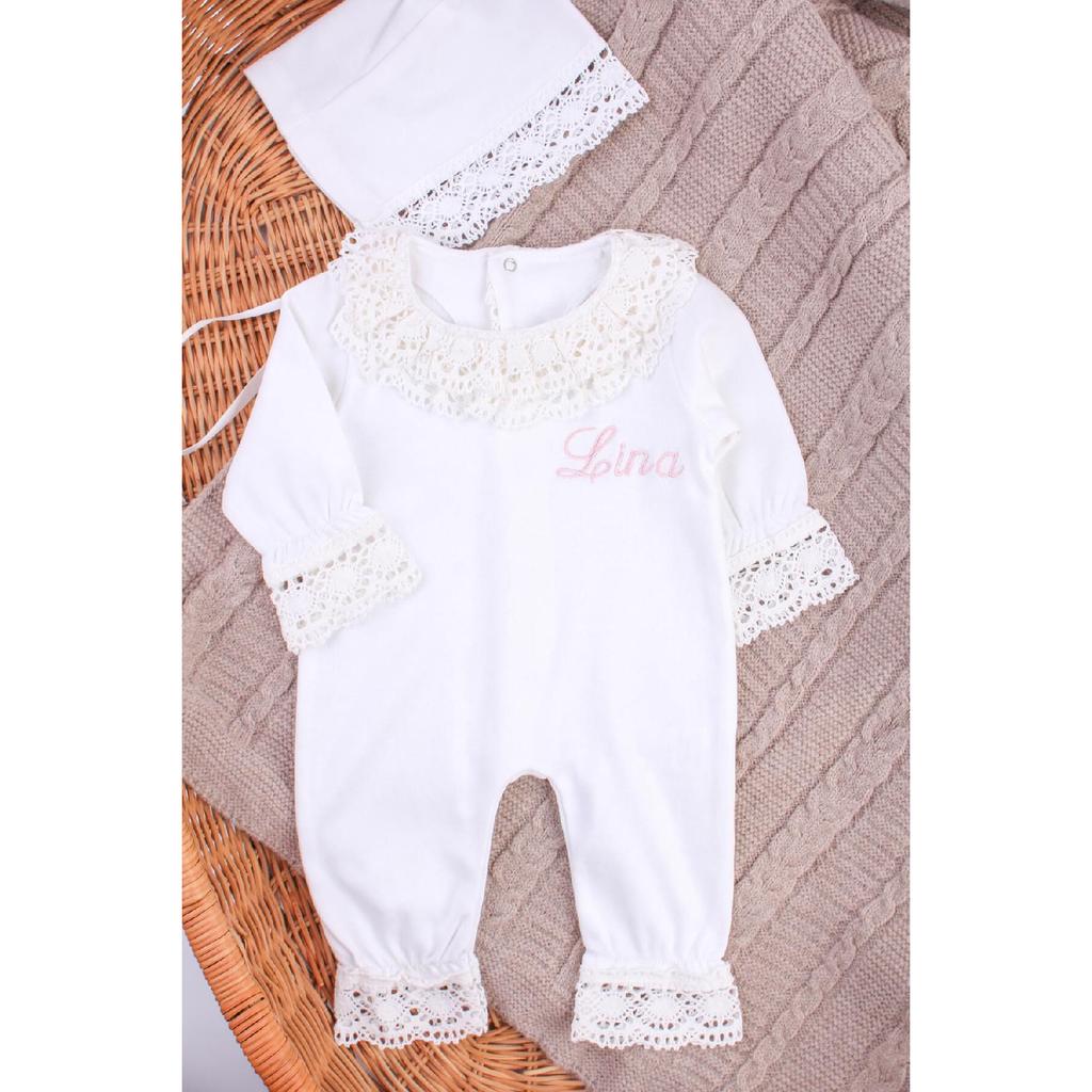 Named Hospital Issue Laced Jumpsuit Set Ecru Name Custom Lace Jumpsuit Set Bonet Hat