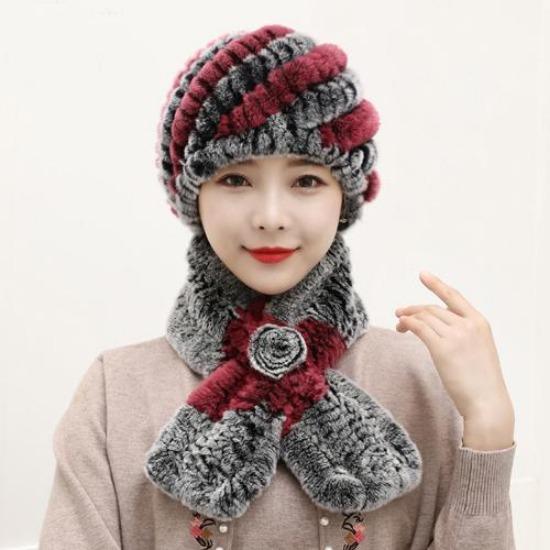 Winter Knitted Natural Fur Hats Scarves Sets Women Warm Real Rex Rabbit Fur Hat Scarf Lady Fashion Thick Rex Rabbit Fur Hat