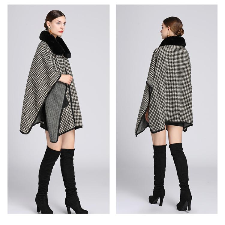 Зимняя женская накидка-шаль большого размера с меховым воротником и накидкой в клетку «Тысяча птиц» Свободный твидовый жакет
