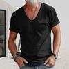 Men Summer T-shirt V Neck Short Sleeves Solid Color Stretchy Chest Pocket Thin Quick Dry Simple Style Casual Daily Wear Sport To