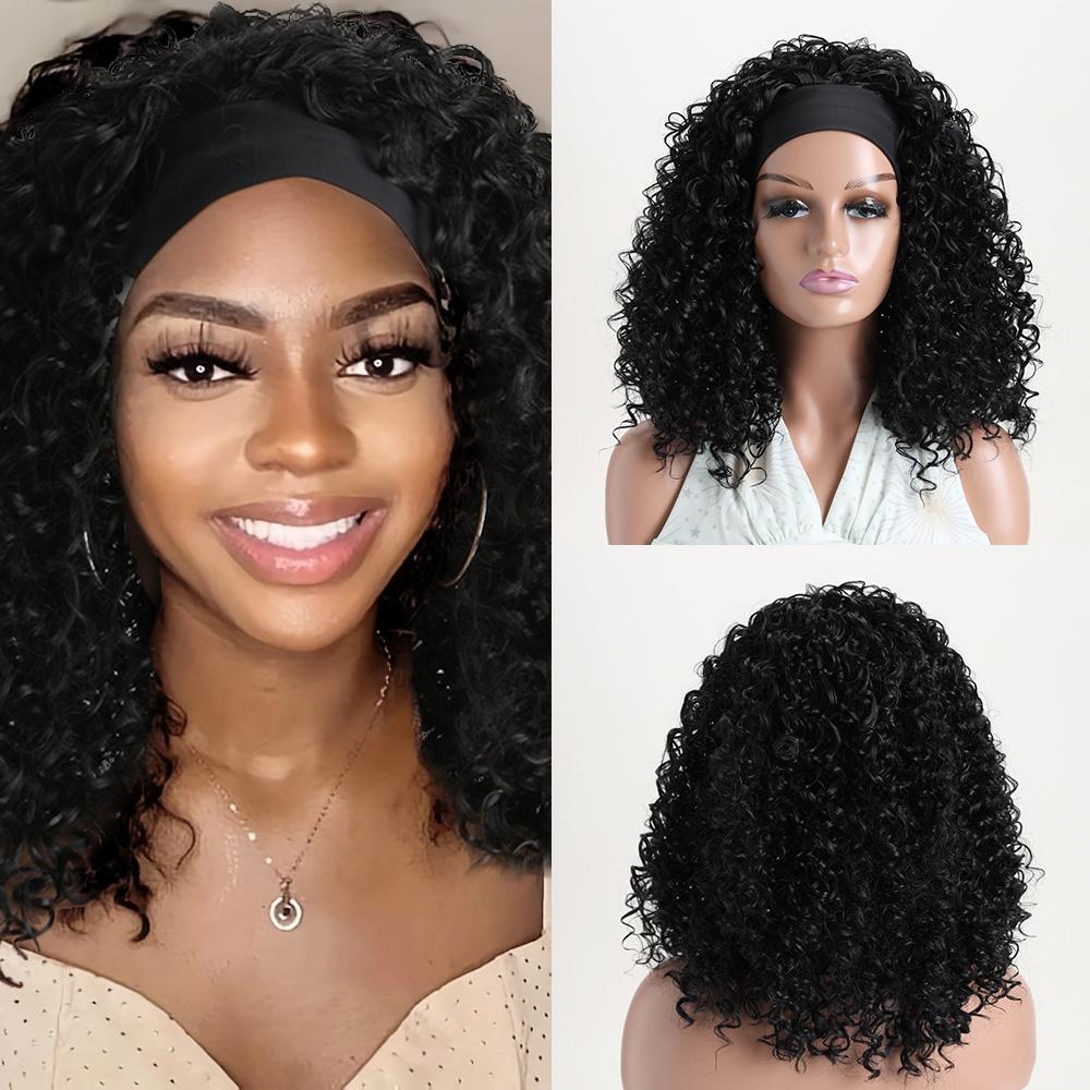 Short Straight Headband Synthetic Natural Kinky Curly Black Wigs for Black Women Daily Party Use Heat Resistant Fake Hair