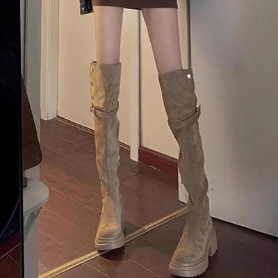 Женские замшевые ботфорты цвета хаки - Массивный каблук, Толстая подошва, Универсальные, Западный стиль для весны и осени