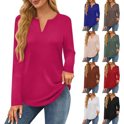 Жен. Футболка Футболка Сплошной цвет Длинный рукав Повседневные Выходные Мода Классический V-образный вырез Обычный Топ