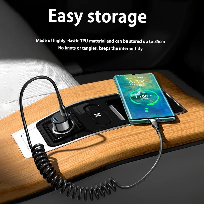 USB Type C 66W 5A Car Fast Charging Type C To USB C Spring Telescopic Data Cable For iPhone Samsung Huawei Xiaomi Redmi OnePlus