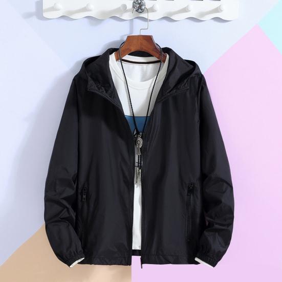 Уличная ветровка с капюшоном и длинным рукавом на молнии, спортивная куртка, сплошной цвет, дизайн с карманами, тонкая солнцезащитная одежда