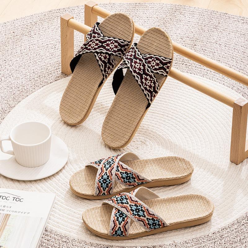 Летние ретро-модные женские нескользящие льняные тапочки