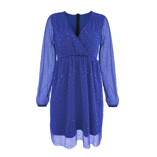 Women Spring Fall Dress Deep V Neck Long Mesh Sleeve Shiny Sequin Lantern Sleeve Double-layered Tight Waist Prom Cocktail Party Mini Dress