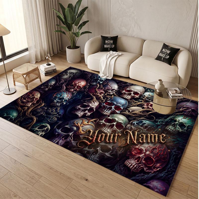 Skull Gothic Theme Soft Crystal Velvet Rug Custom Name & Text Print Non Slip Floor Rug for Bedroom Living Room