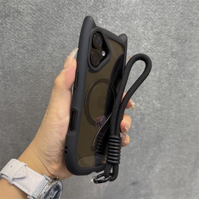 Милый чехол Magsafe с кошачьими ушками для iPhone 13 14 15 16 Pro Max 11 12 15 16 Plus Прозрачная бронированная крышка из ПК и ТПУ с цепочкой-ремешком на запястье