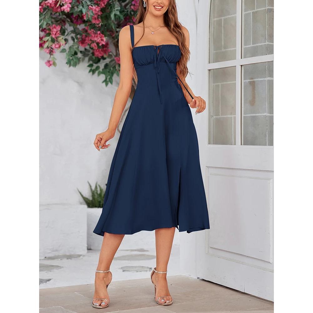 Summer Sweet Solid Sleeveless Long Dress Women Fashion Bandage Camisole Dresses Padded Boned Robe Elegant Party Vestidos