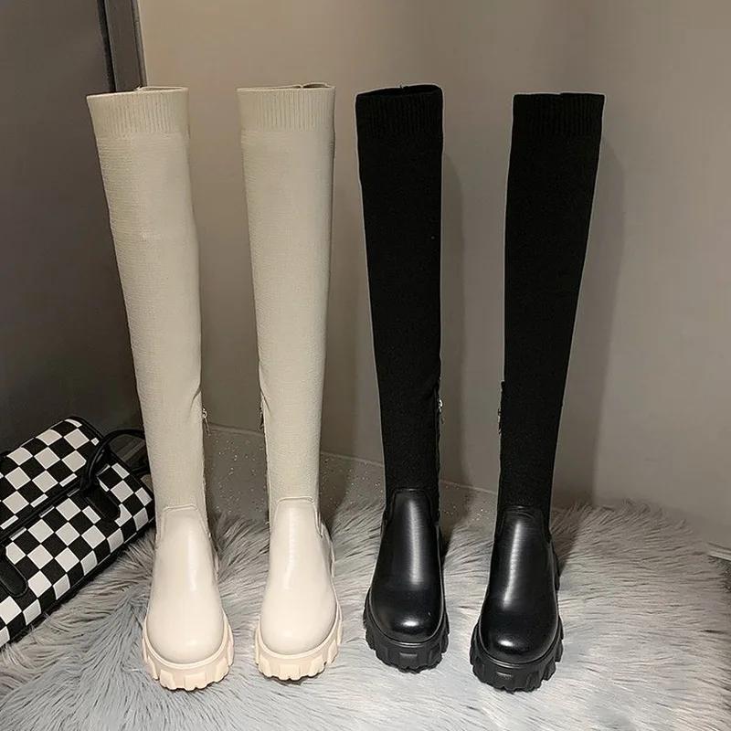 Fashion Sexy Elastic Thigh High Socks Boots Autumn Winter Round Toe Platform Knitted Over-the-knee Boot Women's Shoe Bottes