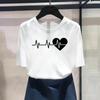 (Asian Size) Fashion Print Heartbeat Style 90s Trend Cute Lovely Graphic Tee Female Casual T Clothing Casual Women's Top Short Sleeve T-shirt