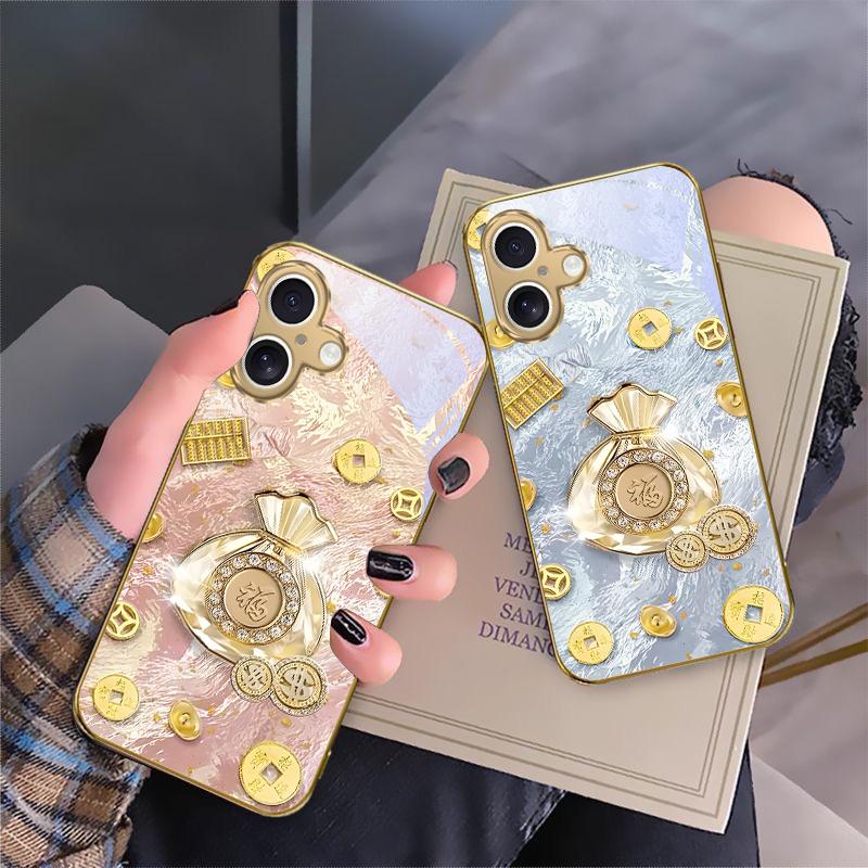 Счастливый мешок благословений Для iPhone 17 Pro Max 16 16E 15 14 13 Plus 12 mini 11 15Pro 17 Air XR X 17ProMax Золотой стеклянный чехол для телефона