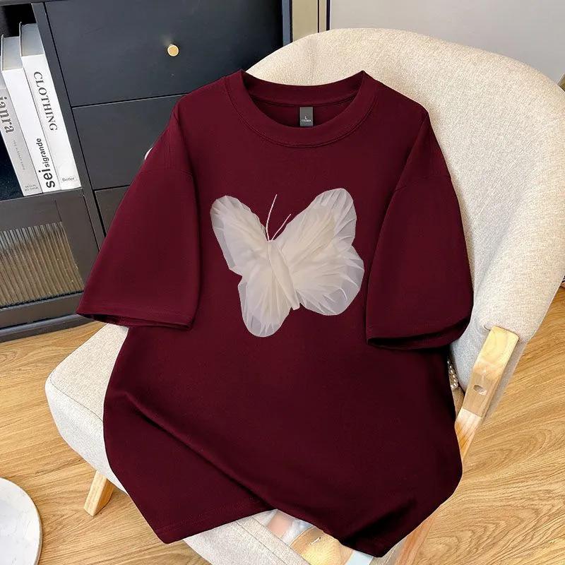 Модная футболка из чистого хлопка с круглым вырезом и короткими рукавами, женская, летняя, с принтом бабочки, широкая