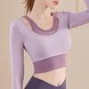Women's Long-Sleeve Yoga Top with Chest Pads - Quick-Drying, Faux 2-Piece Design for Sports, Running, and Pilates.